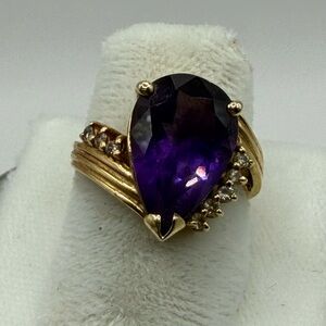 Beautiful Purple Amethyst and Diamond Teardrop Ring set in 14K Yellow Gold